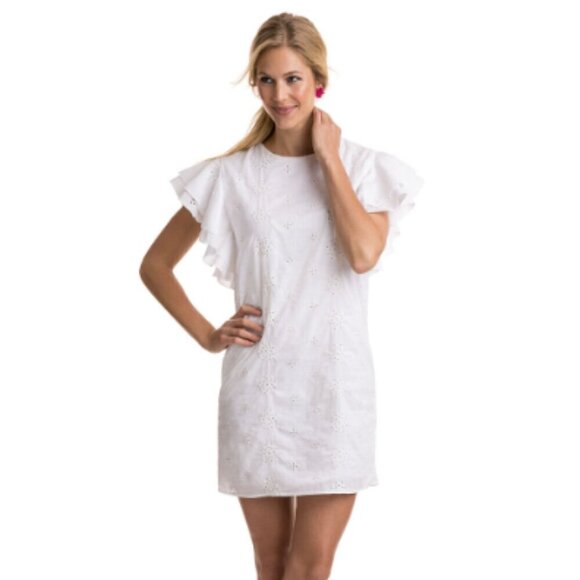 Vineyard Vines Eyelet Flutter Sleeve Shift Dress in White, Size 8 - Picture 1 of 16